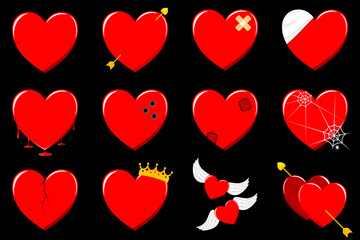 Emotional Heart Vector Set. Styled Red Hearts with Attitude. The Many Faces of Love : Heart Icons for Valentine's Day Project.