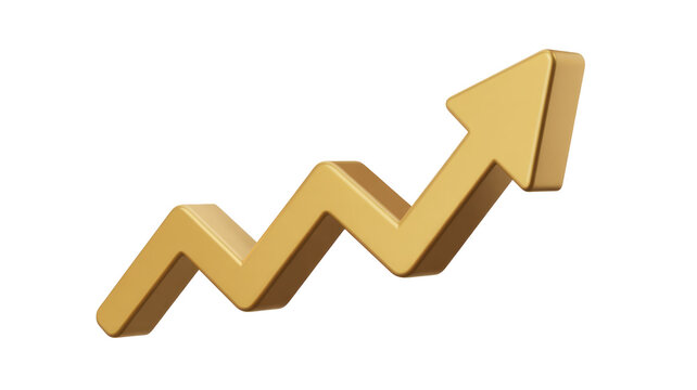 A shiny 3D golden arrow charts an upward, zigzag path, symbolizing growth, progress, financial increase, and successful trends. background removed - Powered by Adobe
