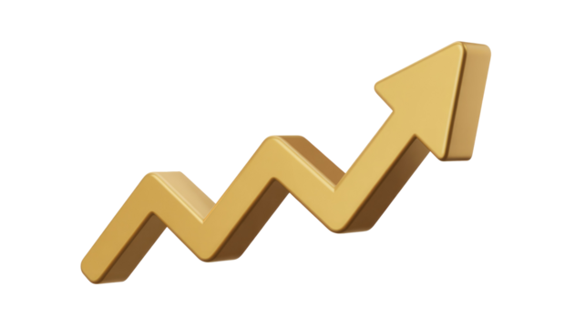 A shiny 3D golden arrow charts an upward, zigzag path, symbolizing growth, progress, financial increase, and successful trends. background removed - Powered by Adobe