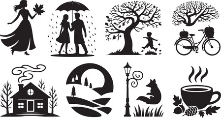 Collage of eight black silhouette illustrations depicting autumn scenes and elements including people trees and a house