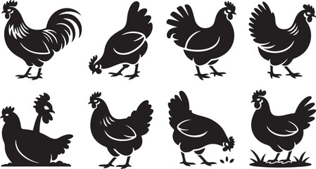 Collection of eight black and white chicken and rooster silhouettes in farm settings bird fowl © KDP Coloring Pages