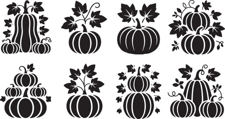 Black Silhouette Pumpkin Arrangements with Leaves and Vines for Autumn and Halloween pumpkins squash