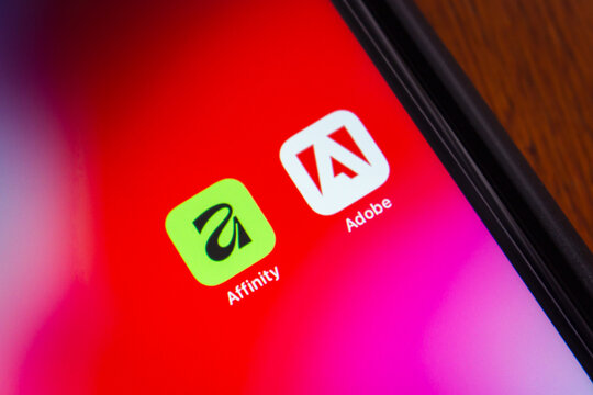 Quito, ECUADOR - Nov 11 2025 : Affinity and Adobe icons are seen in an iPhone.