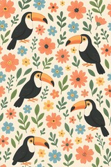 Obraz premium seamless pattern with toucans cute and beautiful flowers. Vector illustration