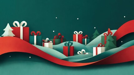 Festive christmas scene with colorful gift boxes and ribbon waves against a deep green background