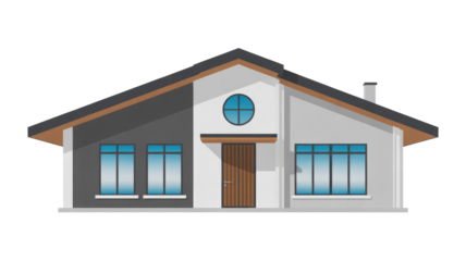 Flat design modern house with an asymmetrical roof, circular window, and brown double door. Clean lines, light and dark grey exterior. background removed
