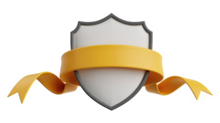A sleek 3D rendered white shield with a dark border, elegantly adorned by a flowing golden ribbon, perfect for awards or security icons. background removed