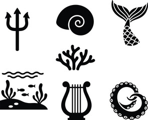Silhouette icons of ocean and mythology elements, trident, seashell, mermaid tail, underwater scene, lyre, octopus tentacle, black and white illustration