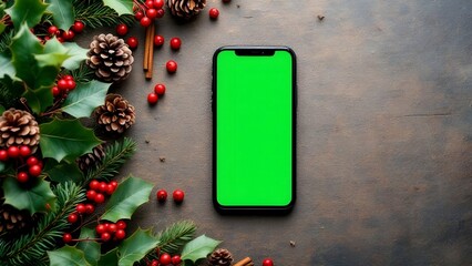 Green screen smartphone screenshot on Christmas Background