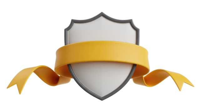A sleek 3D rendered white shield with a dark border, elegantly adorned by a flowing golden ribbon, perfect for awards or security icons. background removed - Powered by Adobe