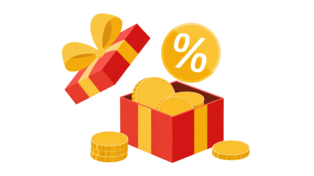 An open red gift box with a yellow bow overflowing with gold coins, accompanied by a floating percentage symbol, indicating a special discount or financial reward. background removed