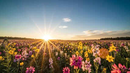 Sunrise Illuminating Field of Colorful Wildflowers Blooming in Summer