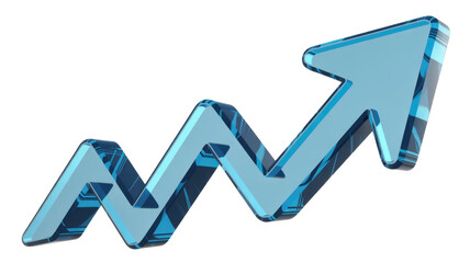 A 3D transparent light blue zig-zag arrow with a digital pattern points upwards, symbolizing growth, progress, and increasing trends. background removed