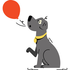 Playful Dark Gray Dog with Yellow Collar Chasing a Red Balloon Indoors with Black Outline and Whimsical Squiggly Lines on Transparent Background