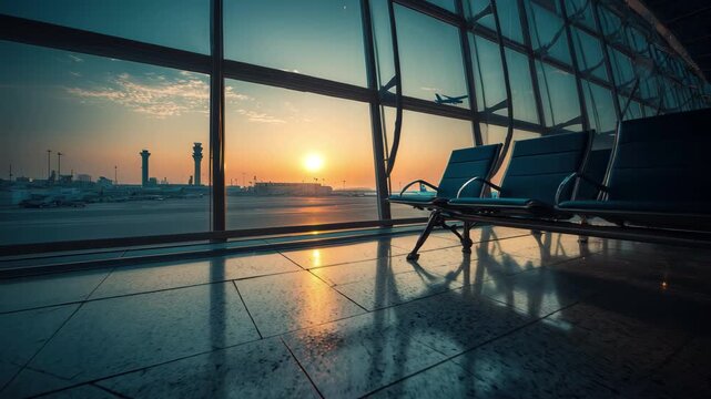 Golden sunrise at airport lounge with plane taking off - travel and business opportunities, 4K