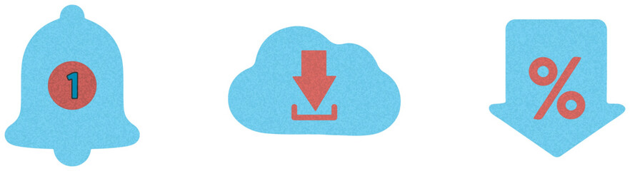 Three light blue icons representing launch download and discount isolated on transparent background