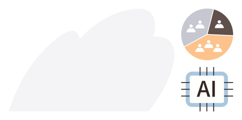 AI processor chip with pie chart dividing user segments in teamwork concept. Ideal for technology, business strategy, data analysis, AI, teamwork, segmentation, innovation. Simple flat metaphor