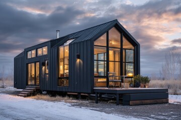 Obraz premium Sleek black modern barnstyle tiny home showcases contemporary design in a serene outdoor setting during twilight hours