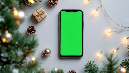 Green screen smartphone screenshot on Christmas Background