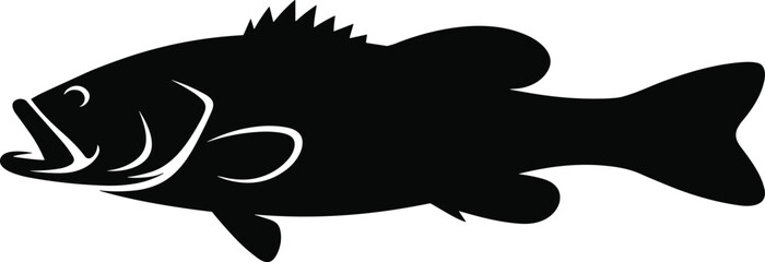 PrintBold black fish silhouette illustration with detailed fins, open mouth, aquatic wildlife design, perfect for fishing logos, marine art, and vector graphics