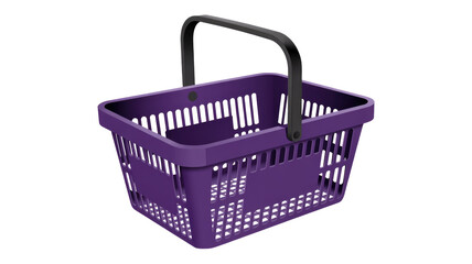 Fototapeta premium A vivid purple plastic shopping basket with a black handle, presented empty and ready for retail use. Ideal for grocery stores or markets. background removed
