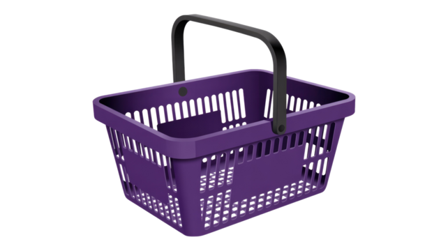 A vivid purple plastic shopping basket with a black handle, presented empty and ready for retail use. Ideal for grocery stores or markets. background removed