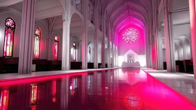 A contemporary church interior featuring tall columns, arched ceilings, and vibrant pink stained glass windows, with a highly reflective floor. - Powered by Adobe