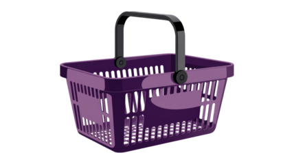 A vibrantly purple plastic shopping basket with a black handle, featuring a slotted design, ready for groceries or retail purchases on a clean background. background removed