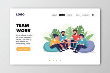 Team work flat horizontal web site banner with group of happy people vector illustration