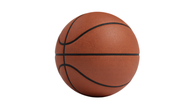 A classic orange-brown basketball with black seams, perfectly centered against a plain dark transparent background. Ideal for sports themes. background removed