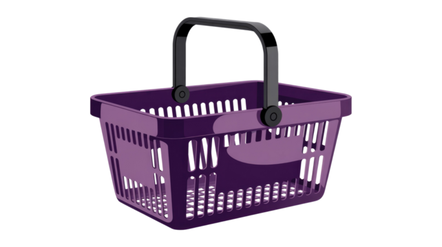 A vibrantly purple plastic shopping basket with a black handle, featuring a slotted design, ready for groceries or retail purchases on a clean background. background removed