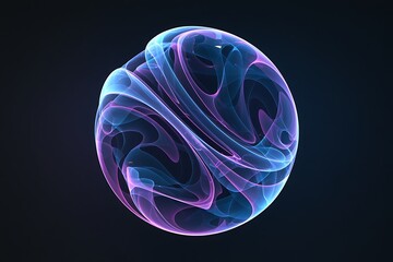 Vibrant 3d sphere of purple and blue waves and glowing particles. Abstract technology concept, Artificial Intelligence, engineering, big data, machine learning. Glowing energy orb on black.