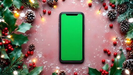 Green screen smartphone screenshot on Christmas Background