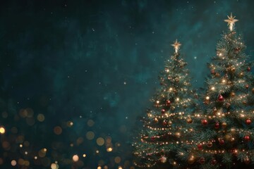 Magical winter night scene with snow falling gently on beautifully decorated christmas trees illuminated with warm lights