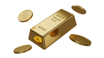 Golden bar inscribed "SOLD TRADING EKSET" surrounded by floating gold currency coins, symbolizing finance, wealth, and global transactions. background removed