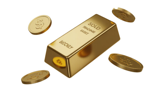 Golden bar inscribed "SOLD TRADING EKSET" surrounded by floating gold currency coins, symbolizing finance, wealth, and global transactions. background removed