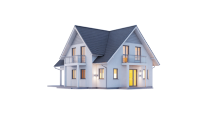 A modern two-story detached house with white exterior, dark grey roof, illuminated windows, and balconies, presented as a transparent PNG cutout. background removed