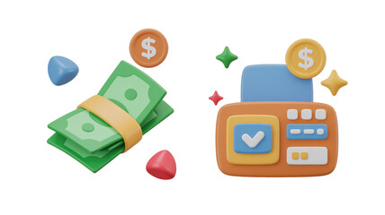 3D rendering of money bills with a dollar coin and a financial payment terminal icon, symbolizing secure online transactions and wealth management. background removed