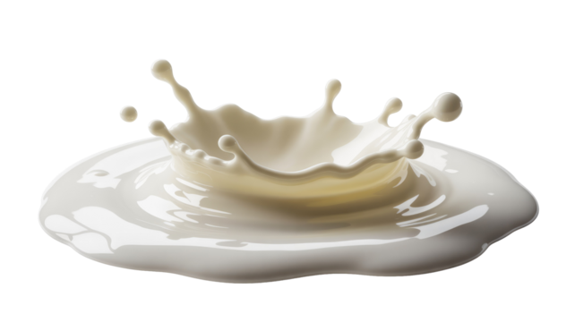 Dynamic white milk splash creating a beautiful crown shape and vibrant ripples, perfectly isolated against a solid transparent background, conveying freshness. background removed