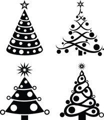 Four decorative Christmas tree icons set in black and white silhouette, featuring various ornament and star topper designs.