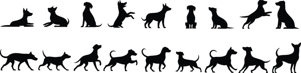 PrintDog silhouette vector collection showing various playful poses, running actions, sitting positions, and training movements for pet design and illustration projects