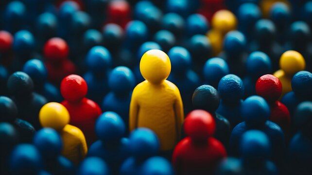 Yellow figure standing out among a crowd of red and blue figures. Concept banner template of leadership, uniqueness, and standing apart from the crowd.