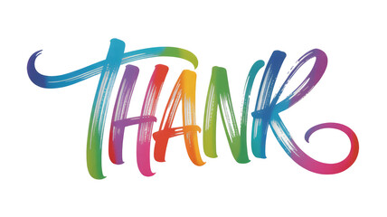 A vibrant, colorful 'THANK' rendered in a brushstroke, rainbow-gradient script. Expresses gratitude with lively, artistic lettering. background removed