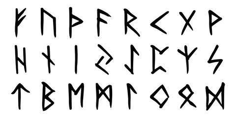Set of hand drawn viking runes Ancient scandinavian futhark germanic celtic alphabet clipart in doodle style Single element for print, web, design, decor