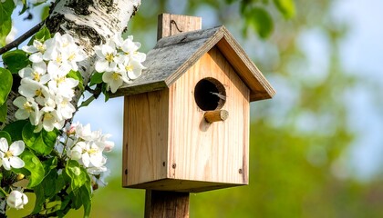 Naklejka premium A wooden birdhouse is affixed to a pole, nestled near blooming white flowers on a tree branch, against a blurred green backdrop