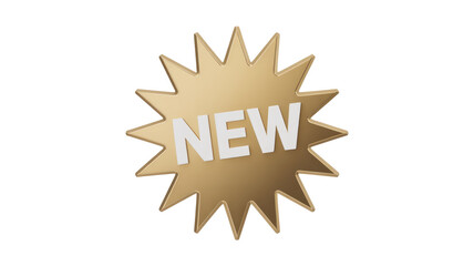 Golden 3D starburst badge with 'NEW' text, ideal for highlighting new arrivals, updates, or special offers and promotions. background removed