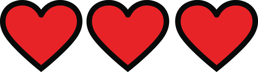 Three red heart cartoon illustration, bold outline love symbols, Valentine clipart set, romantic emotion icon, graphic design element