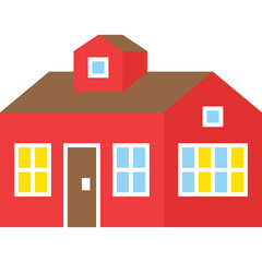 Simple Red Two Story House With Brown Roof and Yellow and Blue Windows On Transparent Background, A Cozy Home Exterior Illustration