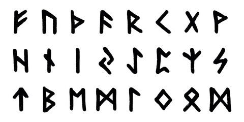 Set of hand drawn viking runes Ancient scandinavian futhark germanic celtic alphabet clipart in doodle style Single element for print, web, design, decor