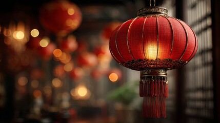 Obraz premium Single glowing red lantern with warm golden light, rich silk texture, elegant gold details and soft bokeh decorations creating a premium festive Chinese New Year atmosphere